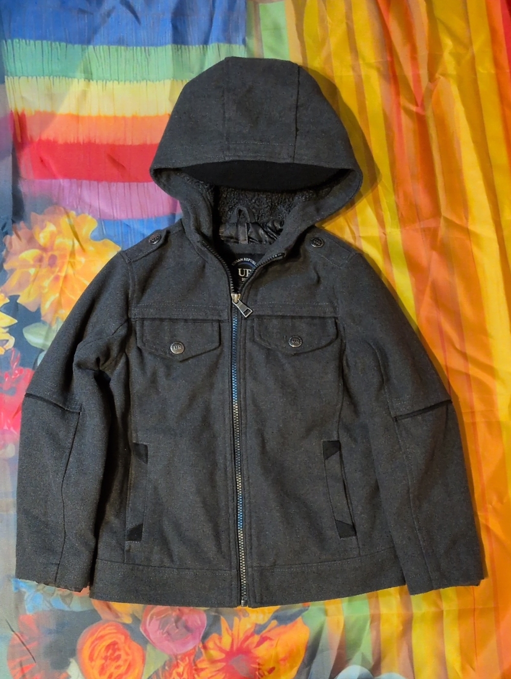 Urban Republic Boys' Dark Gray Hooded Pea Coat with Sherpa Trim Xs